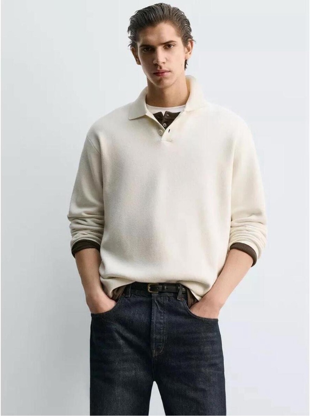 Zara Men’s Soft Knit Polo Shirt In Oyster White-Size Large